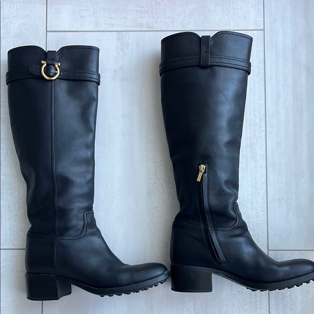 FERRAGAMO Elegant Black Leather Knee-High Boots